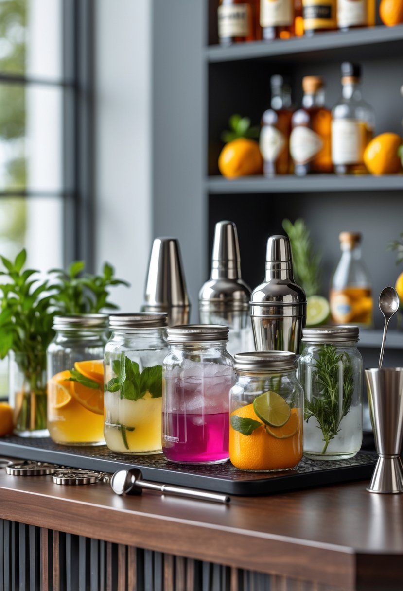 A mini bar setup with transparent glass jars containing cocktail mixers and ingredients arranged on a wooden counter with bar tools and bottles in the background.