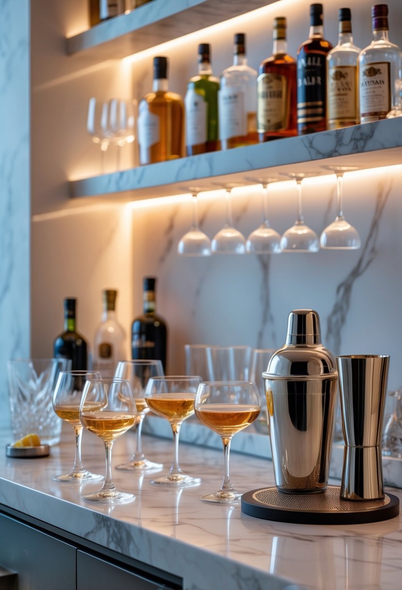 A mini bar with a marble countertop, glassware, liquor bottles, and bar accessories arranged neatly.
