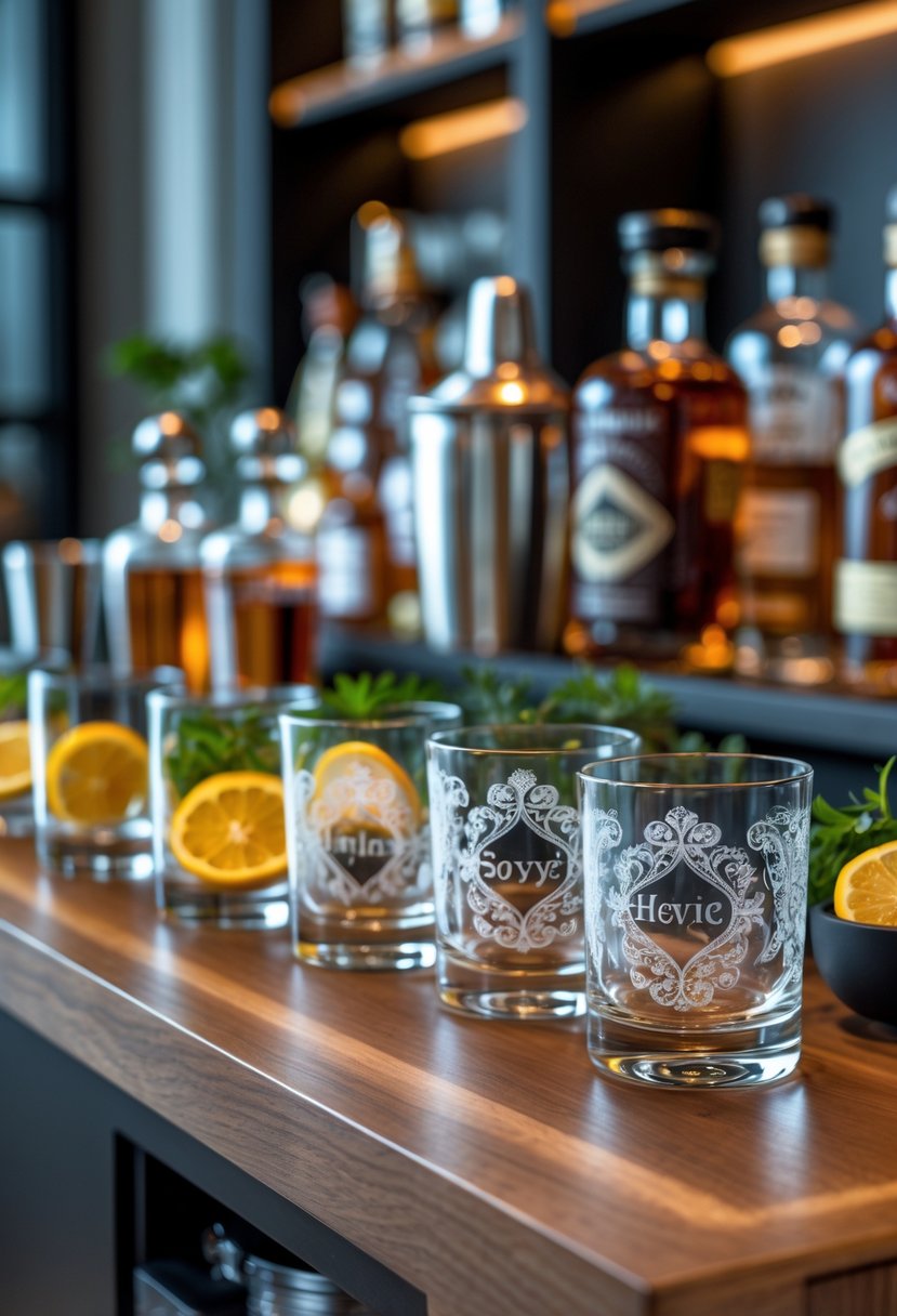 A mini bar setup with engraved glasses, liquor bottles, cocktail shakers, and fresh garnishes on a wooden bar counter.