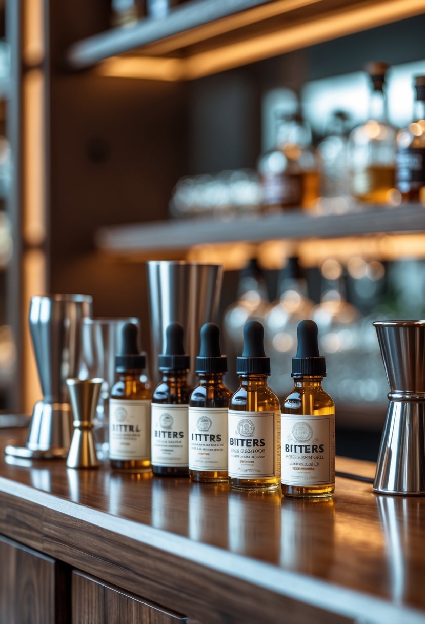 A selection of seven small bottles of craft bitters arranged on a wooden mini bar counter with bar tools nearby.