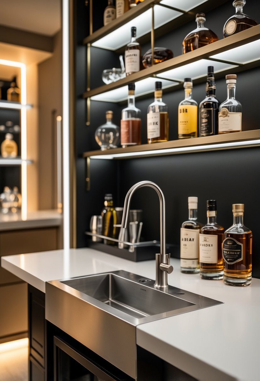 A modern mini bar setup with a small built-in sink, bottles of liquor, glassware, and cocktail accessories on shelves in a cozy interior.