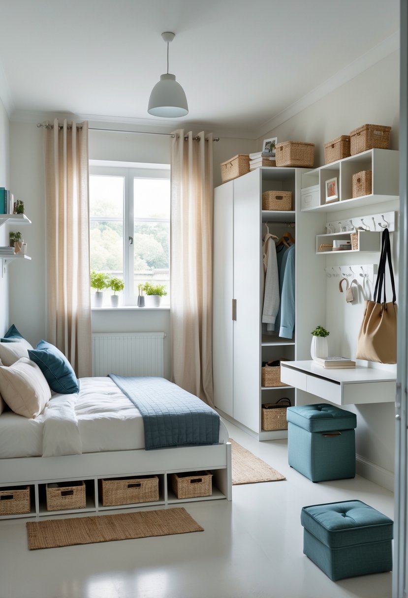 A small bedroom with a bed, wall shelves, wardrobe, bedside table, hooks on the door, foldable desk, and storage ottomans, all arranged to maximize storage space.