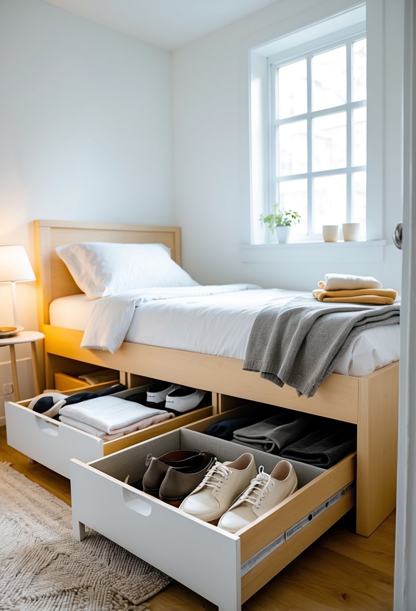 Small bedroom with under-bed storage drawers open, showing organized clothes and boxes beneath a bed.