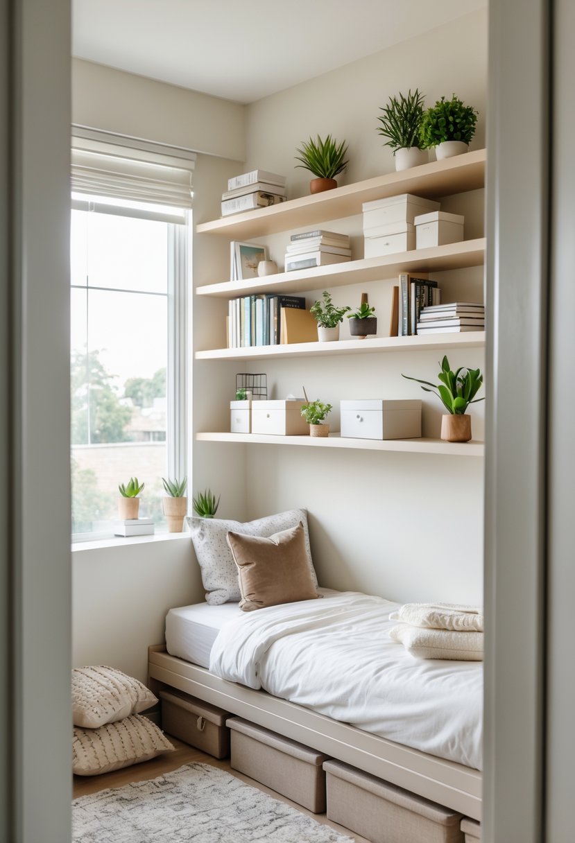Small bedroom with wall-mounted floating shelves holding books, plants, and storage boxes above a neatly made bed.