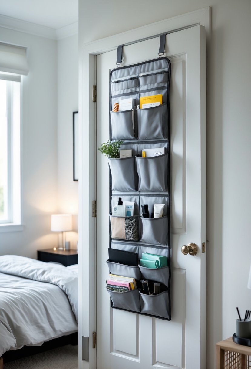 A small bedroom with an over-the-door organizer hanging on the door, filled with various small items.