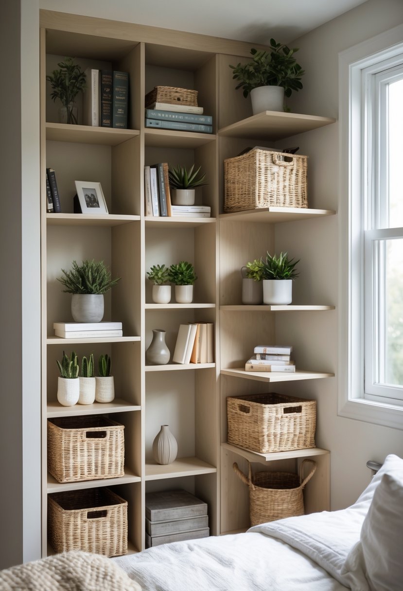A small bedroom corner with corner shelving units holding books, plants, and storage baskets.