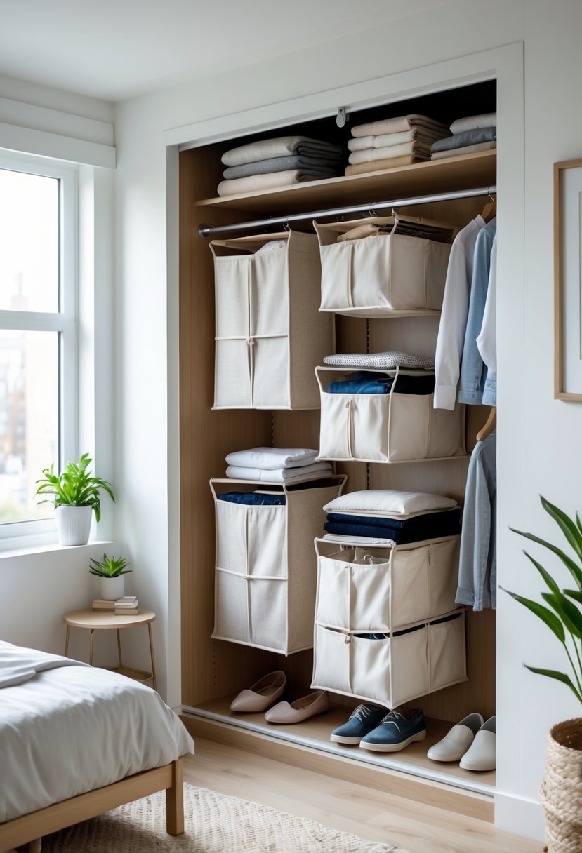 Small bedroom with an open closet showing hanging fabric organizers filled with clothes and shoes, with a bed and bedside table nearby.