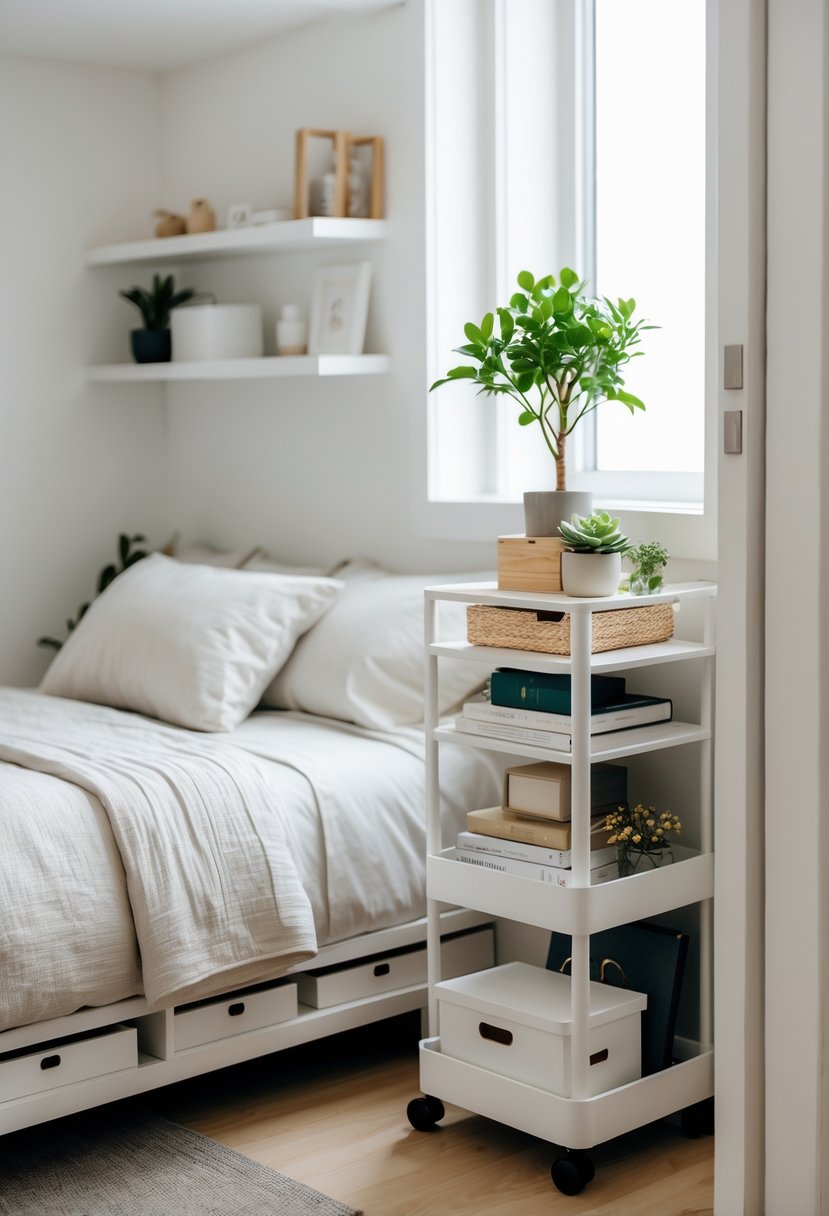 Small bedroom with a rolling storage cart next to a bed, organized with books and decor, showing smart storage solutions.