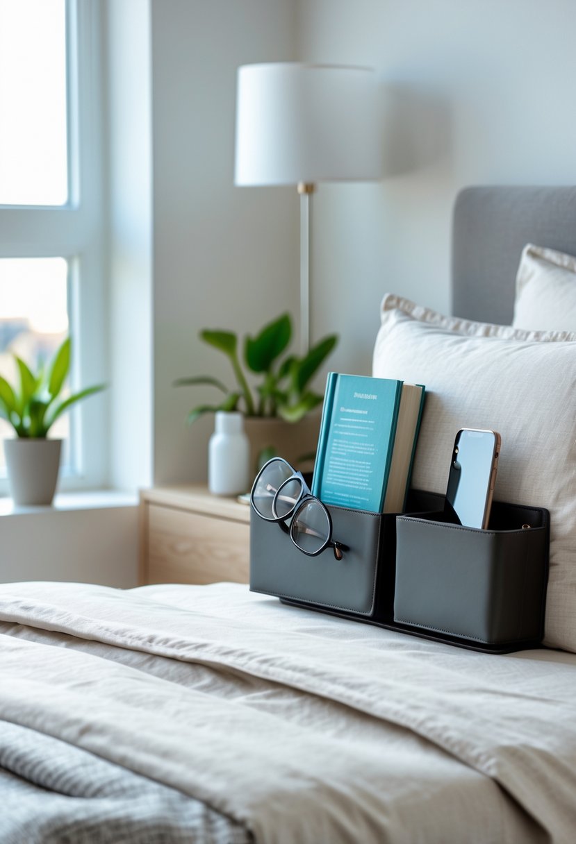 A small bedroom corner with a bedside caddy holding a book, glasses, smartphone, and water bottle next to a neatly made bed.