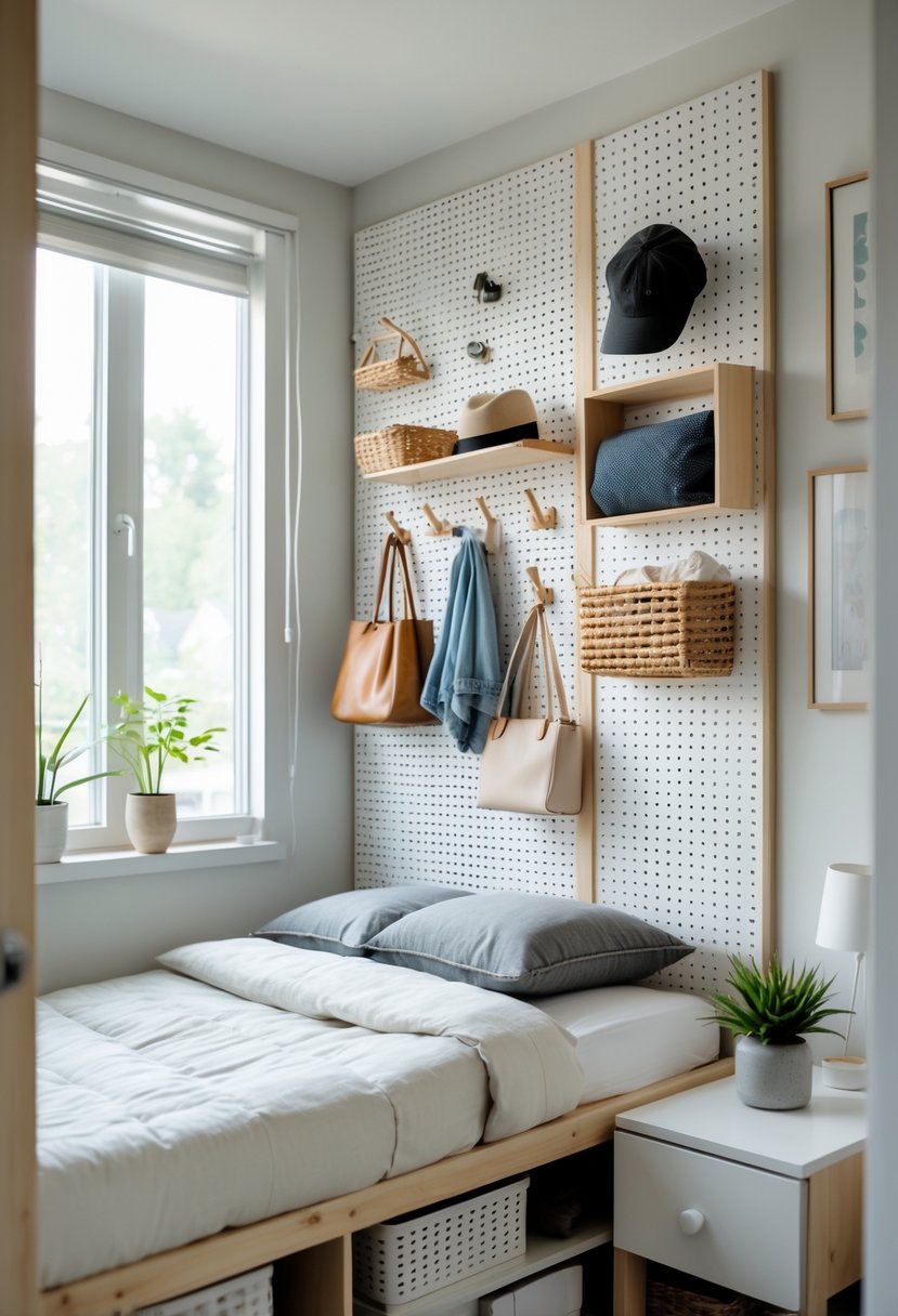 A small bedroom corner with vertical pegboard storage holding shelves, hooks, and baskets filled with clothes and accessories, next to a bed and nightstand.