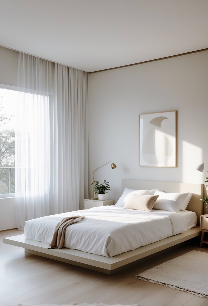 A bright bedroom with a low bed, white bedding, wooden floor, a small plant on a nightstand, and large windows letting in natural light.