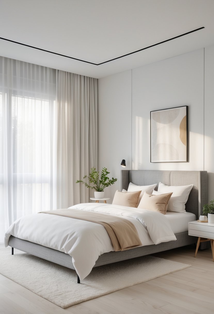 A clean and bright bedroom with a made bed, bedside table with a small plant and lamp, and a window with sheer curtains letting in natural light.