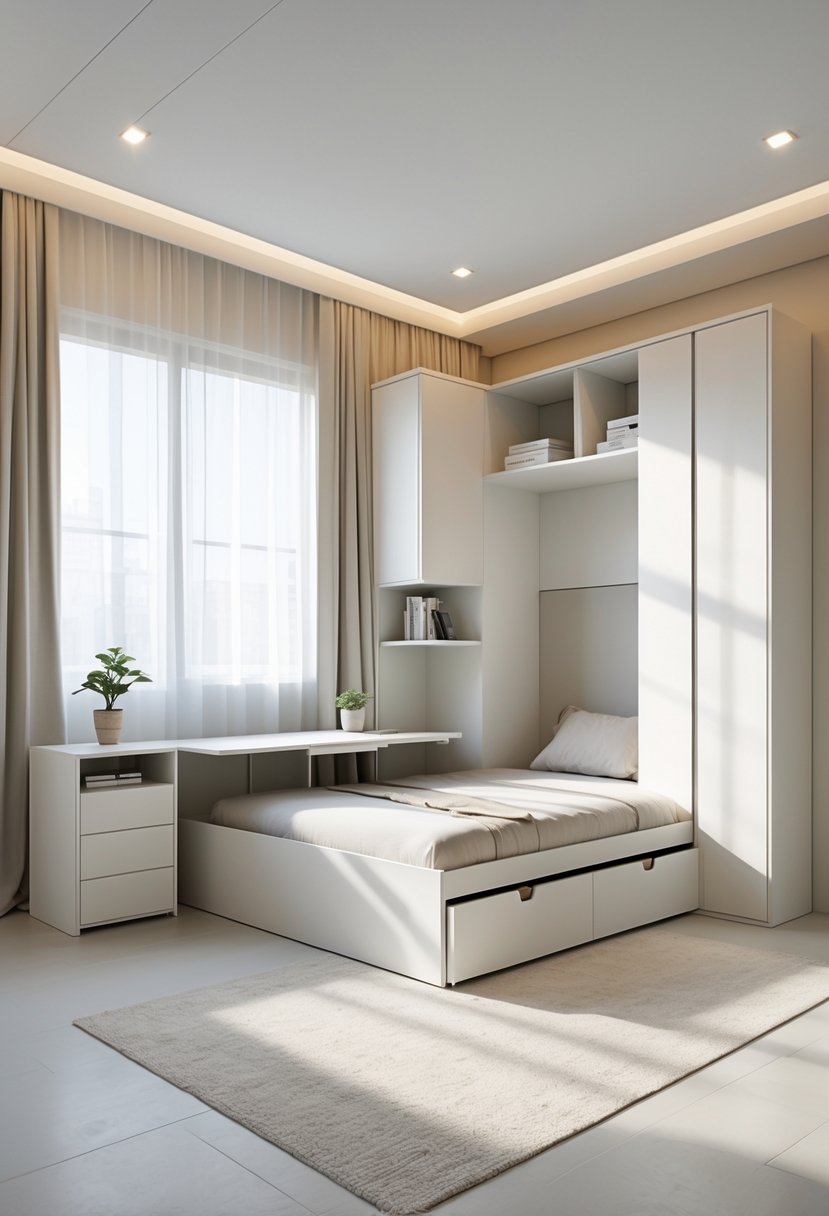 A tidy bedroom with a bed that has storage drawers underneath, a wall-mounted fold-out desk, and a compact wardrobe near a window letting in natural light.