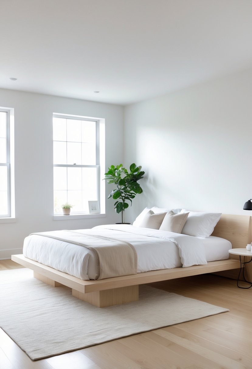 A bedroom with a low wooden platform bed, white bedding, a bedside table with a lamp, a potted plant, and natural light coming through large windows.