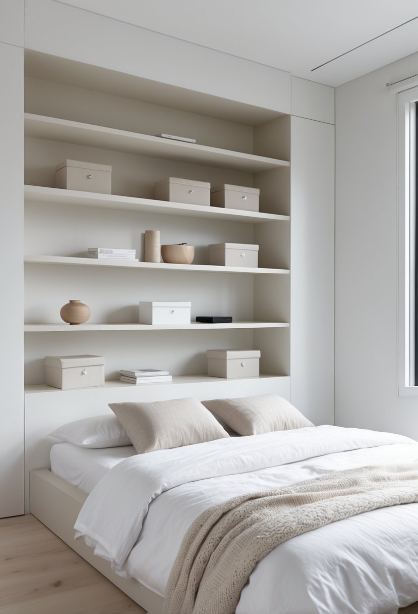 A bright bedroom with built-in wall shelves holding books and decorative items, a neatly made bed, and natural light coming through a window.