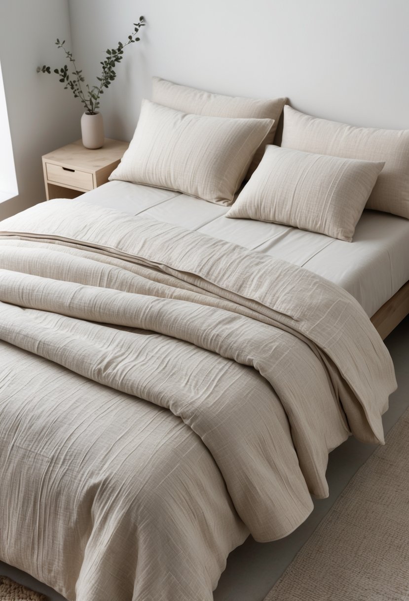 A neatly made bed with subtle textured bedding in a clean, softly lit bedroom with minimal decor.