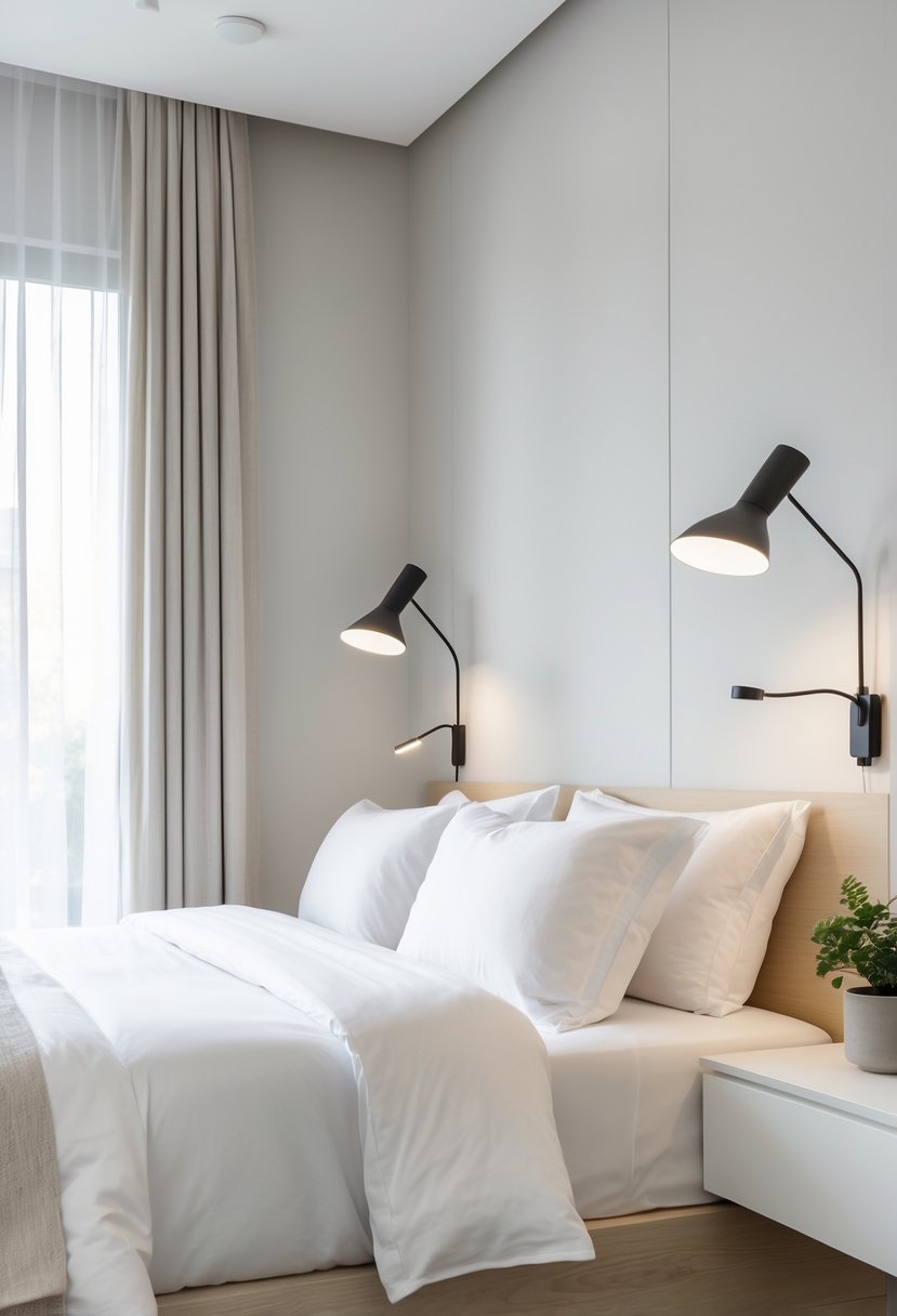 A minimalist bedroom with a neatly made bed and wall-mounted reading lamps on both sides, illuminated by natural light from a window.