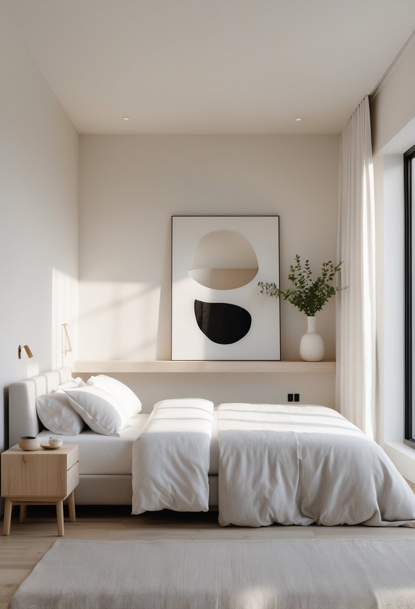 A bright bedroom with a simple bed, a wooden nightstand, and a few decorative items near a large window.