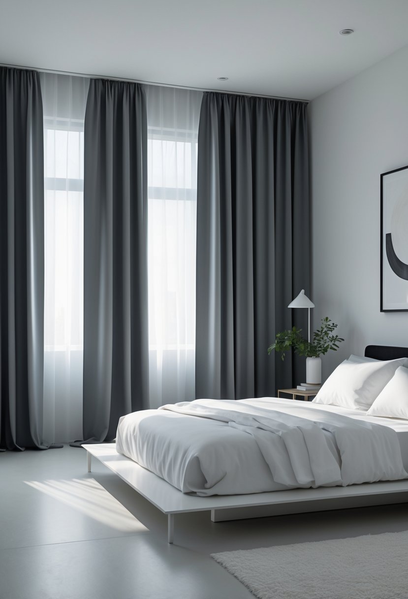 A bedroom with blackout curtains drawn over a large window, a bed with white bedding, a bedside table with a lamp, and a small plant.