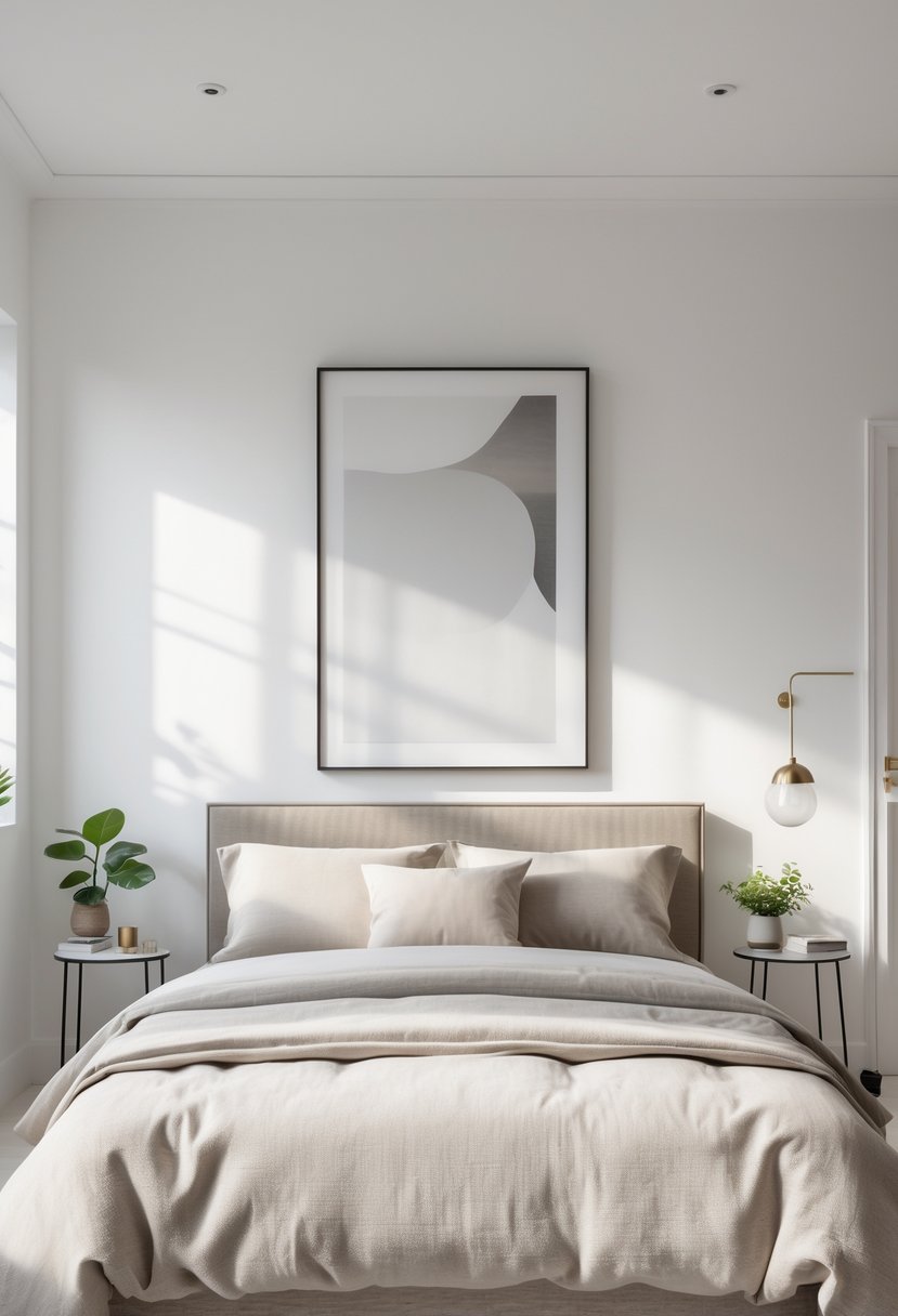 A bedroom with a neatly made bed and a large piece of artwork hanging above it on the wall.