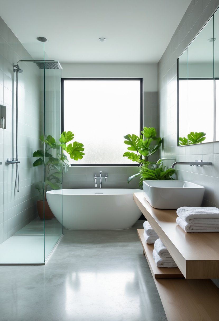 A bright bathroom with a glass shower, freestanding bathtub, floating vanity, and plants.