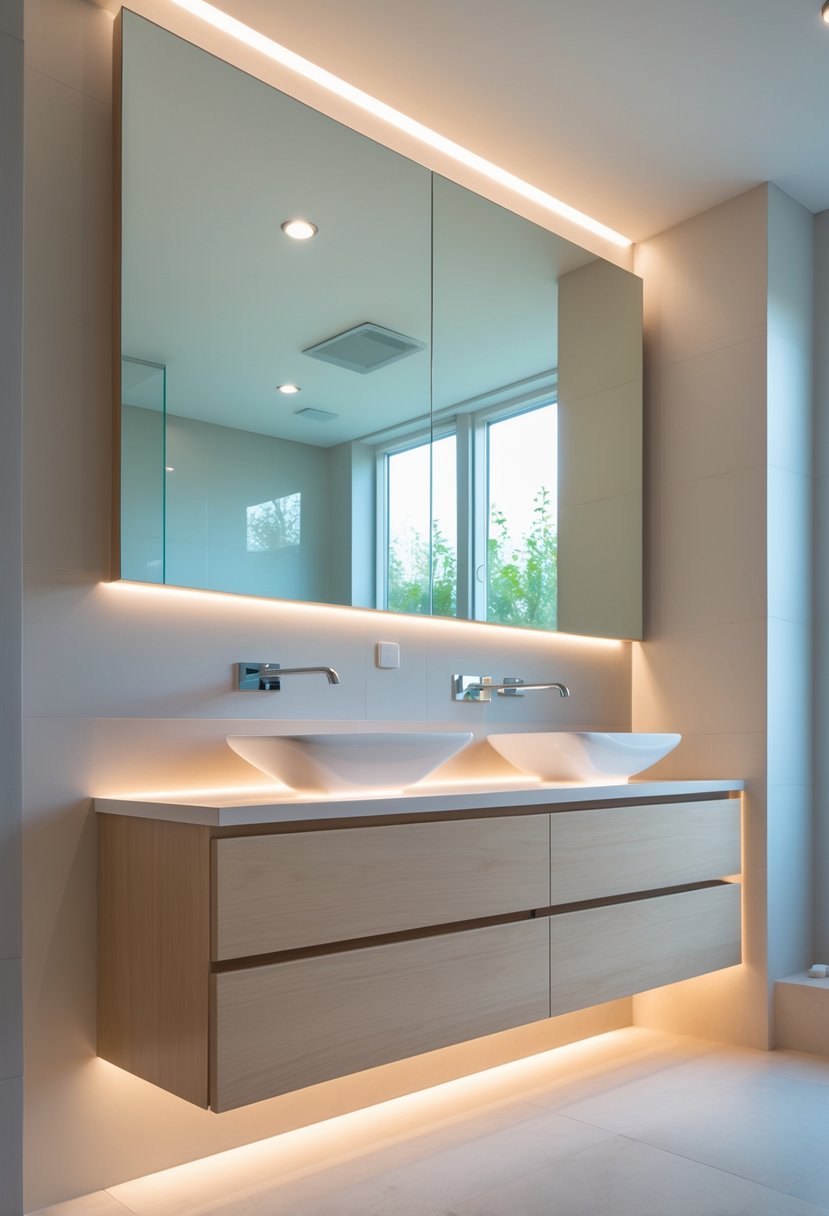 A modern bathroom with floating wooden vanities illuminated by soft LED lights underneath, featuring a white sink and a large mirror.