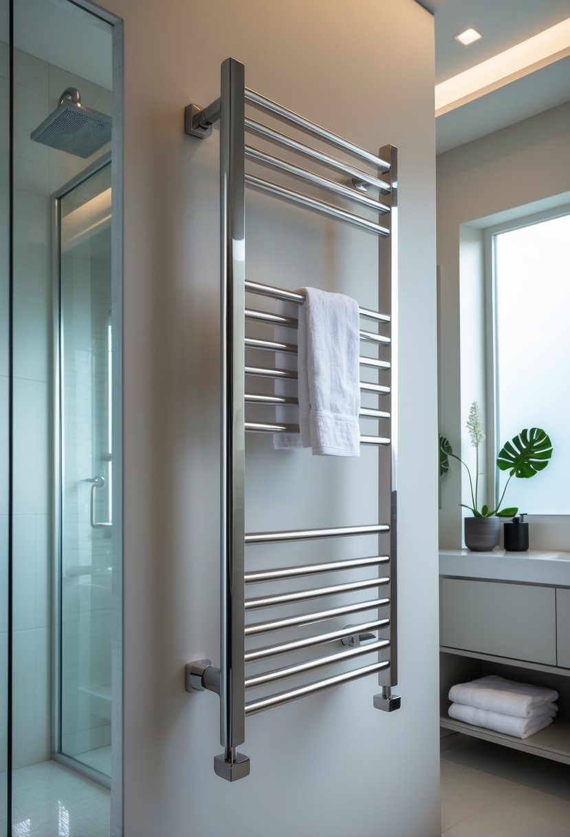 A modern bathroom with a heated towel rack holding white towels, a walk-in shower, a vanity with a mirror, and plants.