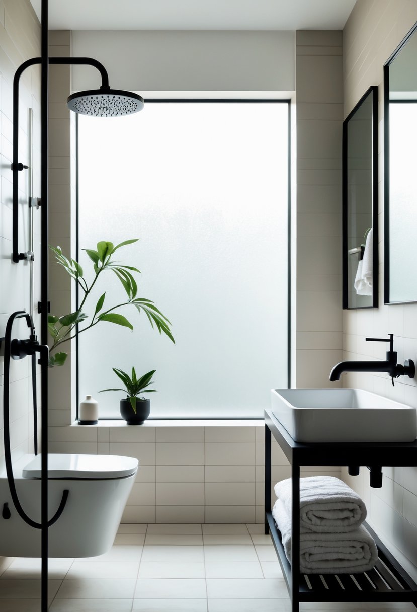 A modern bathroom with matte black fixtures including a faucet and showerhead, a white sink, and light-colored tiles.