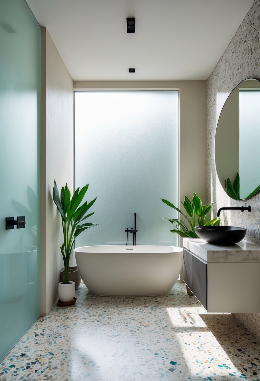 A modern bathroom with terrazzo flooring, a freestanding bathtub, a vanity with a sink and mirror, and natural light coming through a window.
