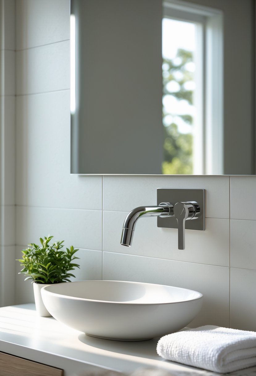 A modern bathroom sink with a chrome wall-mounted faucet, a small green plant, and a white towel on the countertop.