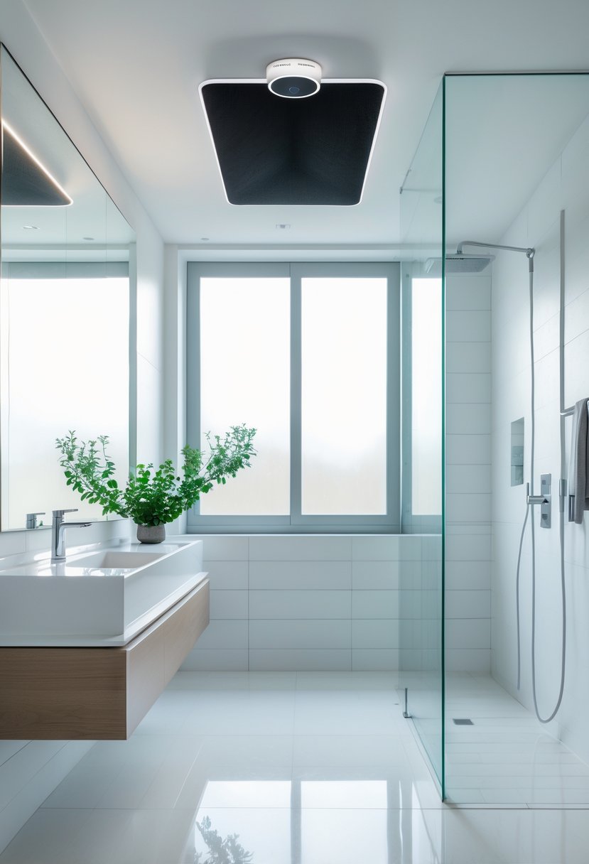 A modern bathroom with integrated Bluetooth speakers, a floating vanity, walk-in shower, and natural light coming through a window.