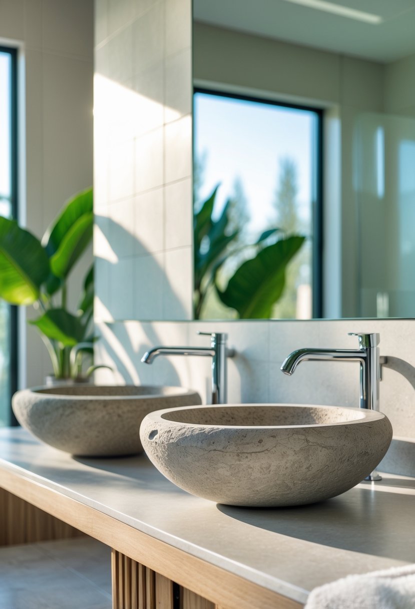 Modern bathroom with two natural stone sinks on a wooden countertop, a large mirror, plants, and natural light.