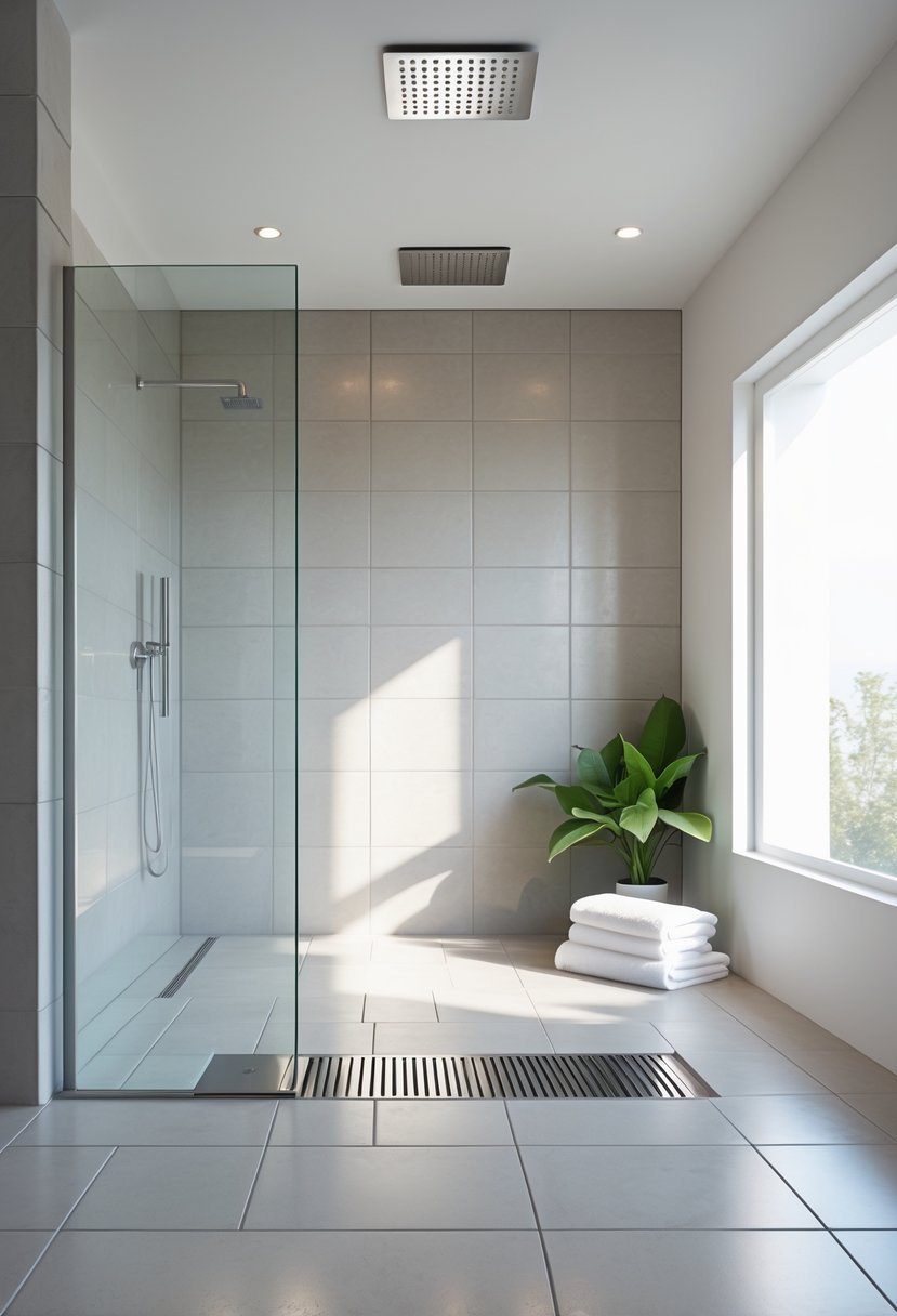 Modern bathroom with a glass-enclosed shower featuring a linear stainless steel drain on the floor.