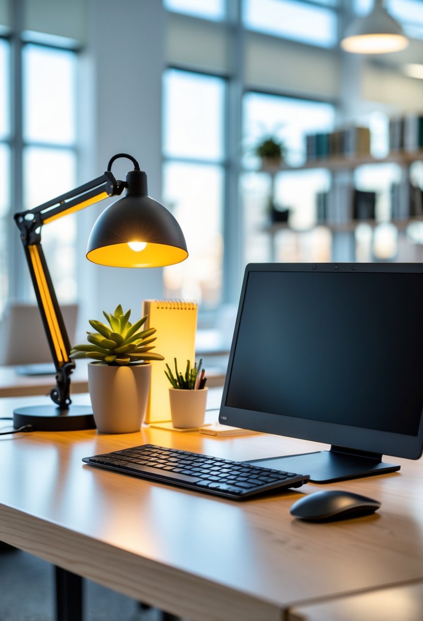 A modern wooden desk with a laptop, keyboard, mouse, desk lamp, plant, and notebooks in a bright office space.