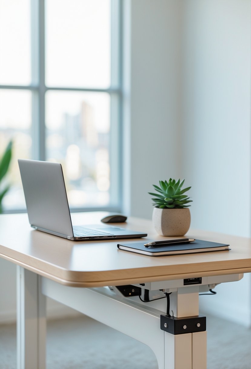 A standing desk with a laptop, keyboard, mouse, plant, and notebook in a bright office space.
