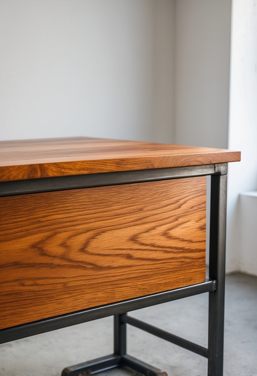 A wooden desk with metal legs against a plain background.