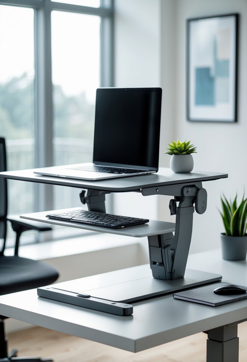An adjustable height sit-stand desk in a bright office with a laptop, keyboard, mouse, and a small plant on the desk.