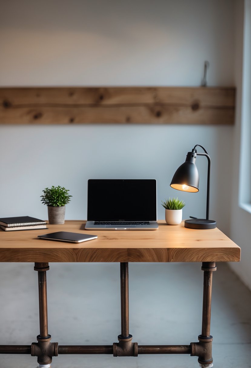 A desk with a metal pipe frame and wooden top, holding a laptop, desk lamp, plant, and office supplies in a workspace.