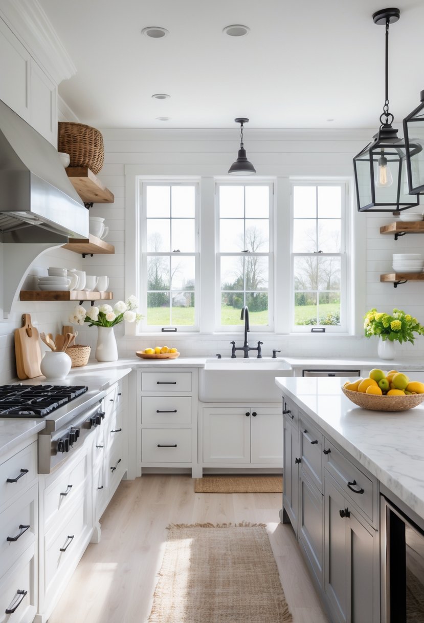 A bright kitchen with white cabinets, a large island, wooden shelves, and natural light coming through big windows.