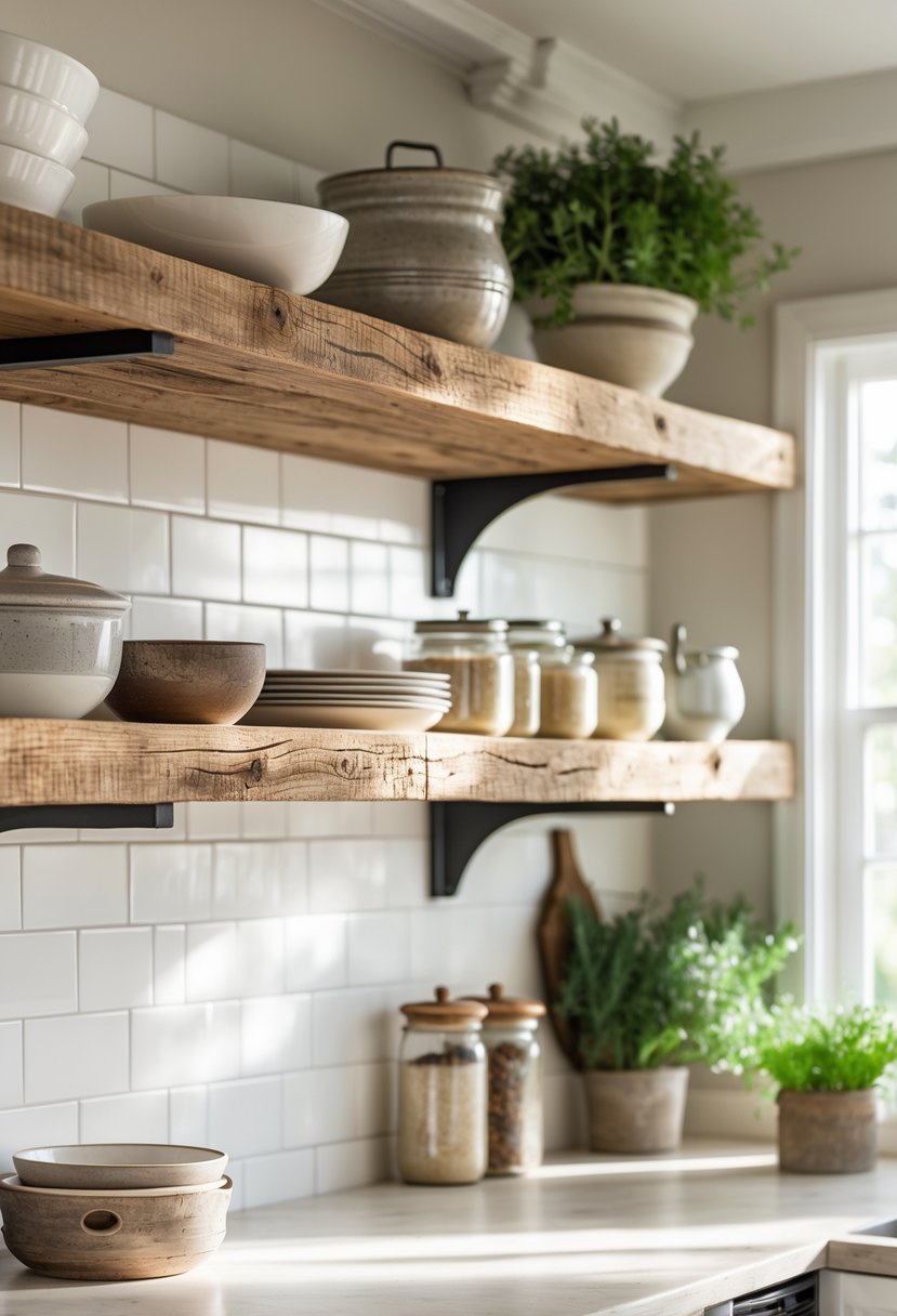 A bright kitchen with open wooden shelves displaying various kitchenware and plants.