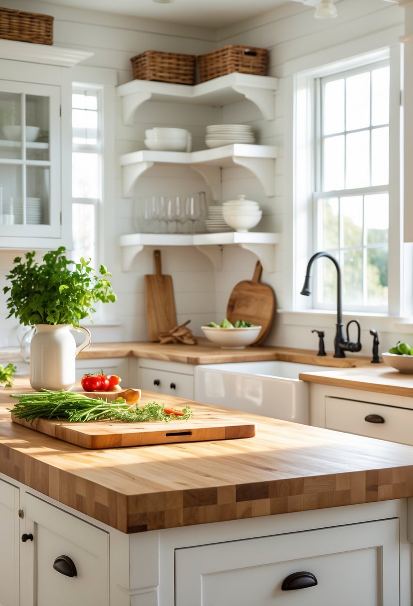 A bright kitchen with wooden butcher block countertops, white cabinets, and kitchen items like cutting boards and fresh vegetables.