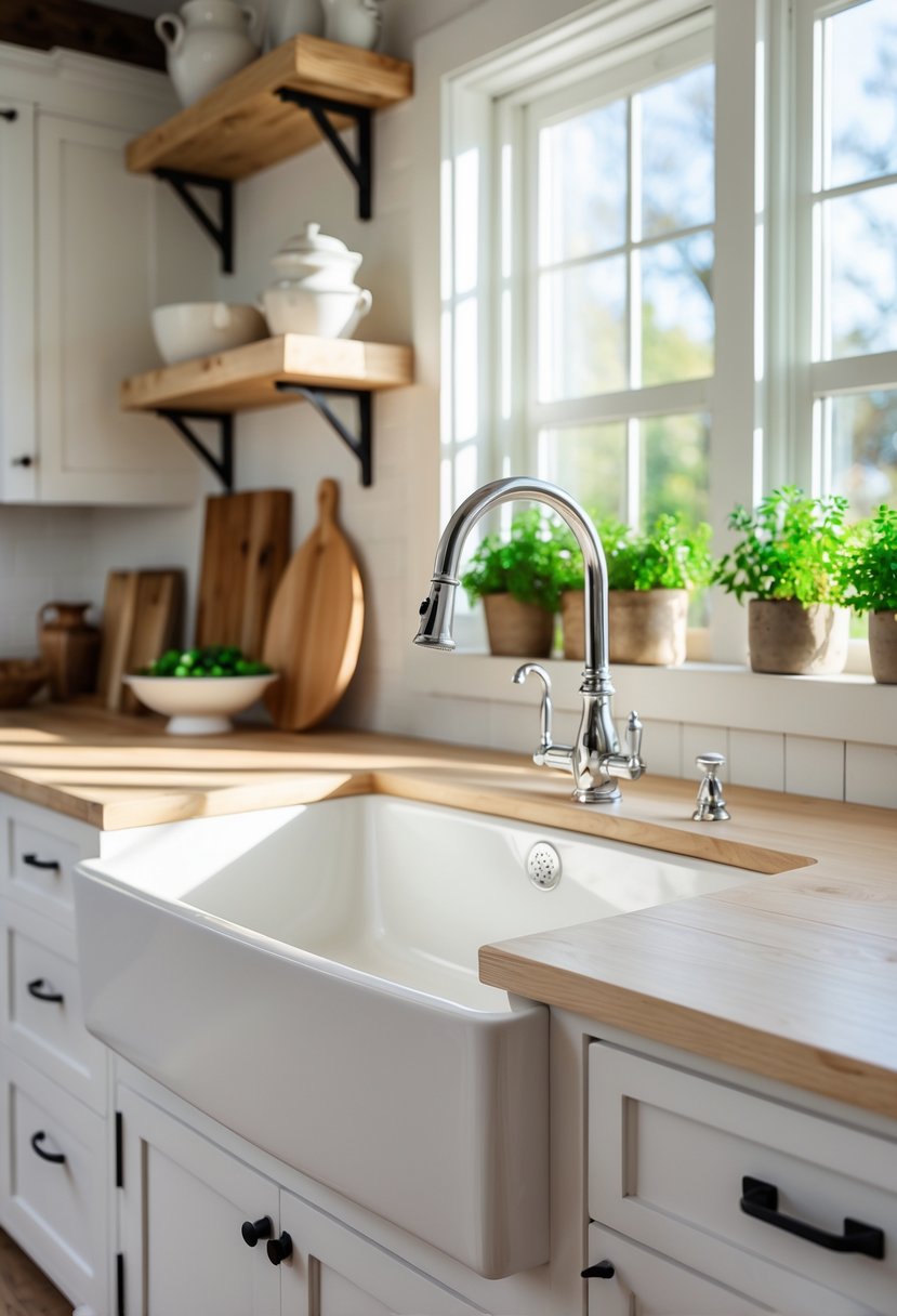 A bright kitchen with a large white apron-front sink, wooden countertops, white cabinets, and potted herbs on the windowsill.