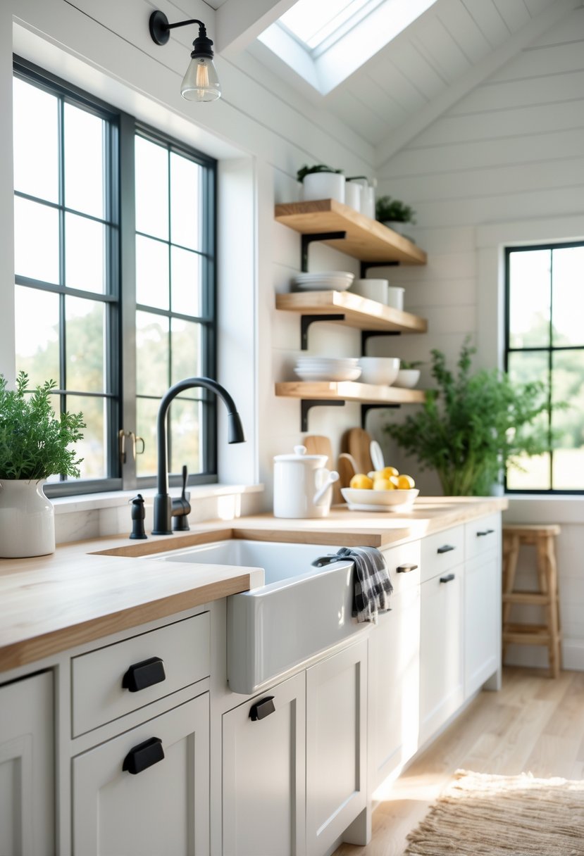 A bright kitchen with white cabinets featuring black matte handles and knobs, a farmhouse sink, wooden shelves, and natural light coming through large windows.