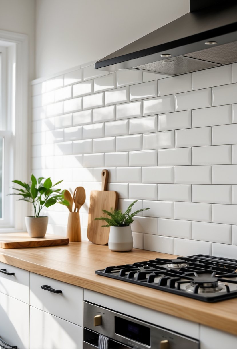 A bright kitchen with white subway tile backsplash, wooden countertop, black fixtures, and kitchen utensils.