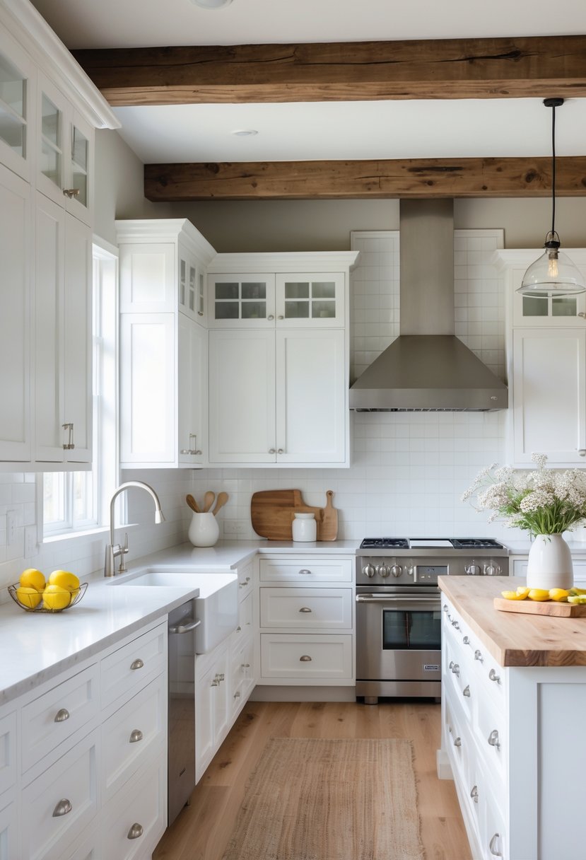 A bright kitchen with white cabinets, a large wooden island, stainless steel appliances, and natural light coming through windows.