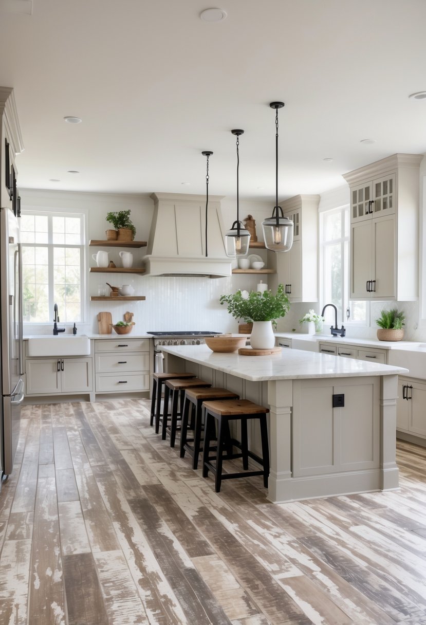 A bright kitchen with distressed wood flooring, a large island with stools, cabinetry, and stainless steel appliances.