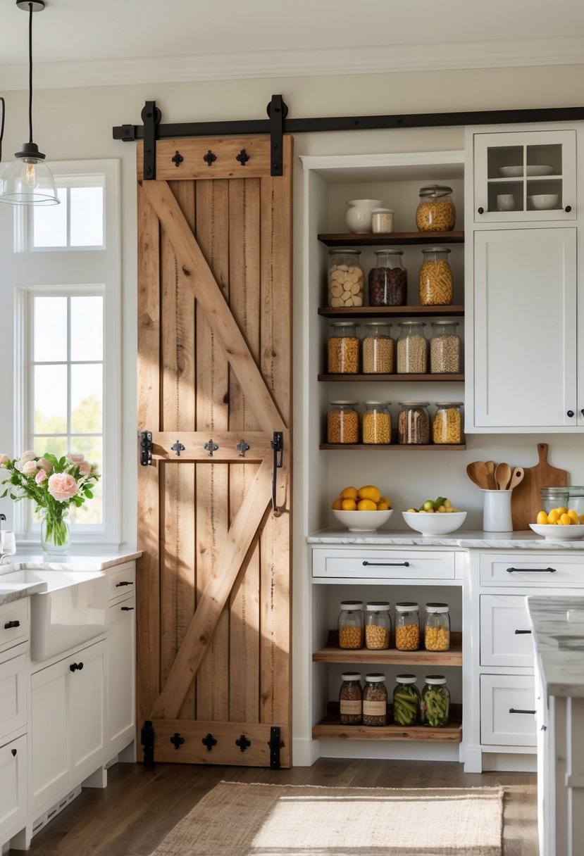 A kitchen with a sliding barn door pantry, white cabinets, wooden accents, and shelves stocked with jars and produce.