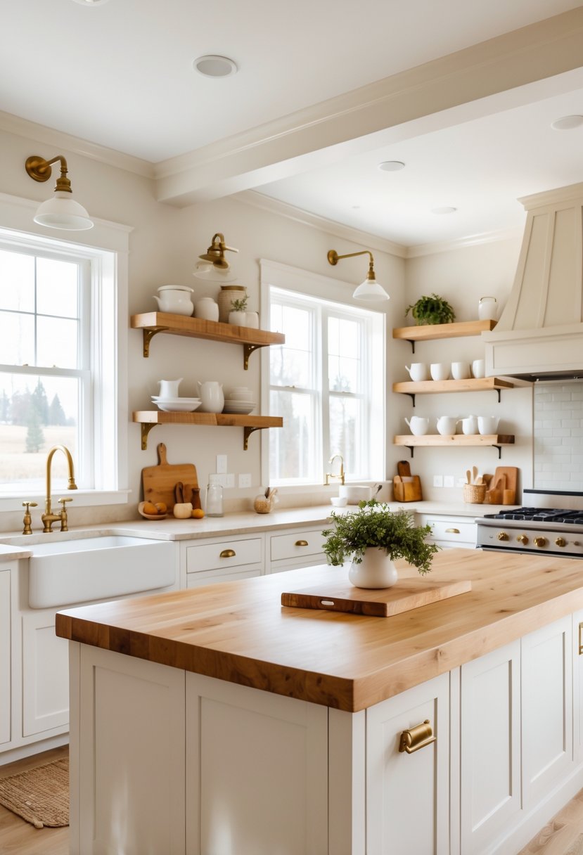 A bright kitchen with white cabinets, a wooden island, large windows, and warm decorative accents.