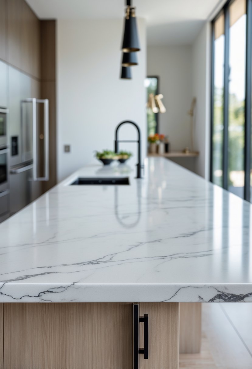 A modern kitchen island with a white marble waterfall edge countertop and built-in cabinetry, surrounded by stainless steel appliances and pendant lighting.