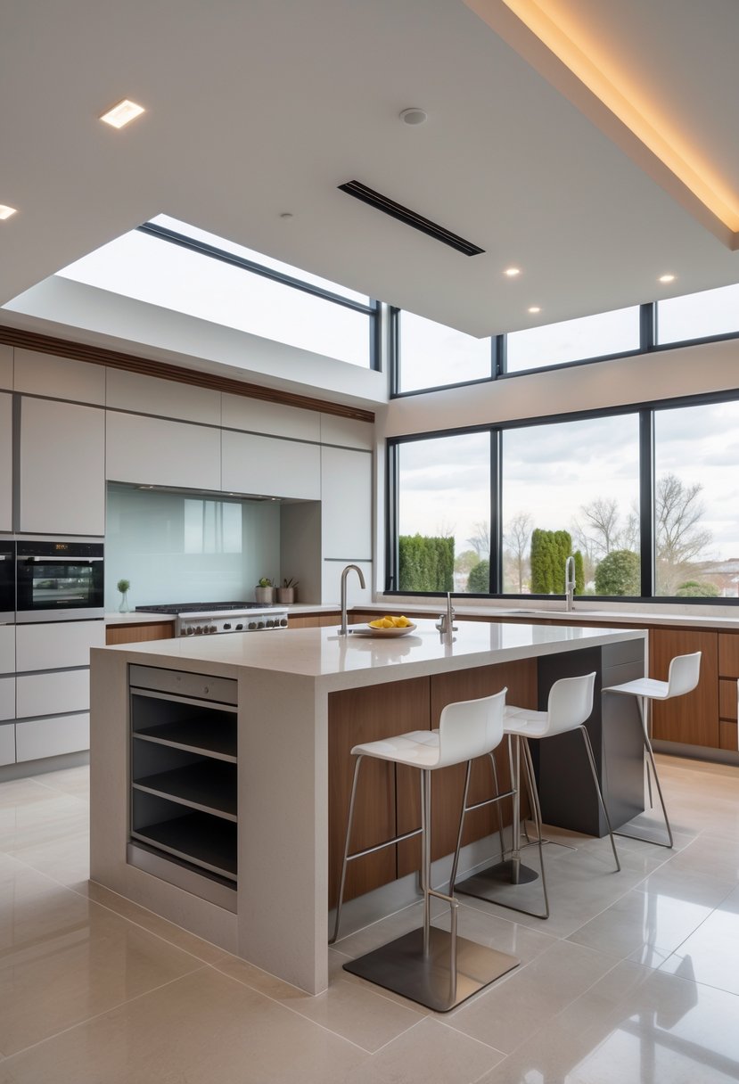 A modern kitchen with a multi-level kitchen island featuring a lower countertop and a raised bar seating area with stools.